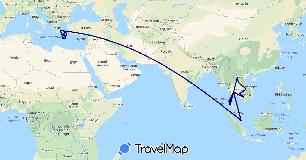 TravelMap itinerary: driving in Greece, Cambodia, Laos, Singapore, Thailand (Asia, Europe)