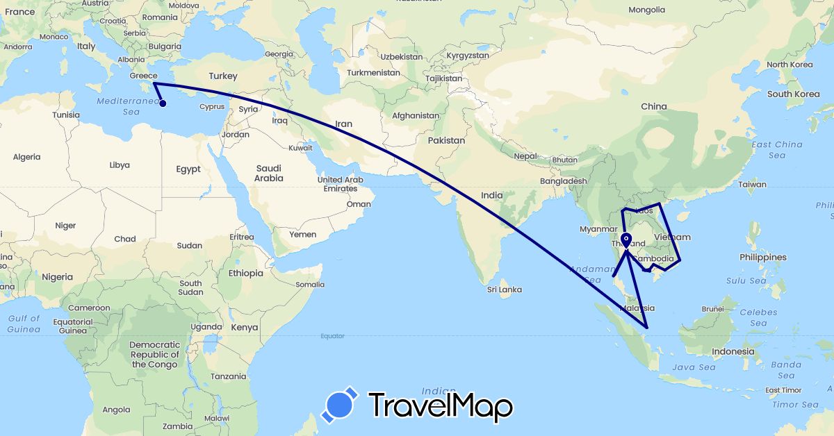 TravelMap itinerary: driving in Greece, Cambodia, Laos, Singapore, Thailand, Vietnam (Asia, Europe)